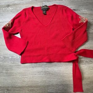 Christine Phillipe Sweater Womens S Red Ribbed Star Sequin Elbow Patch Side Tie